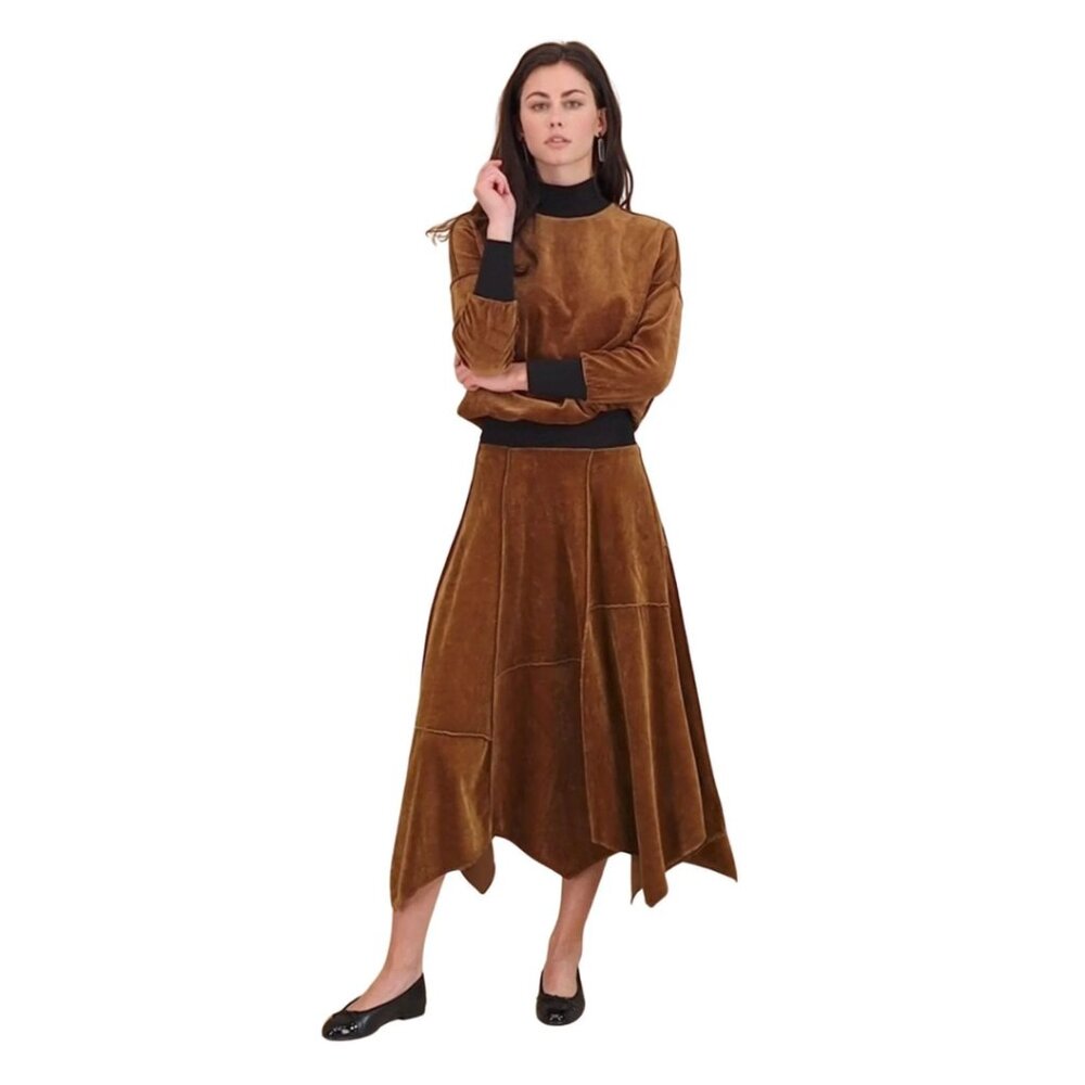 Parni Velour Patchwork Skirt Brown Asymmetrical Hem Size Small Boho Fairy Indie